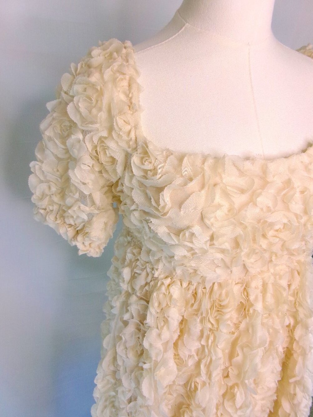 Le Lis Cream 3D Rosette Mini Dress Puff Sleeve Cottagecore Bridal Shower Dress S